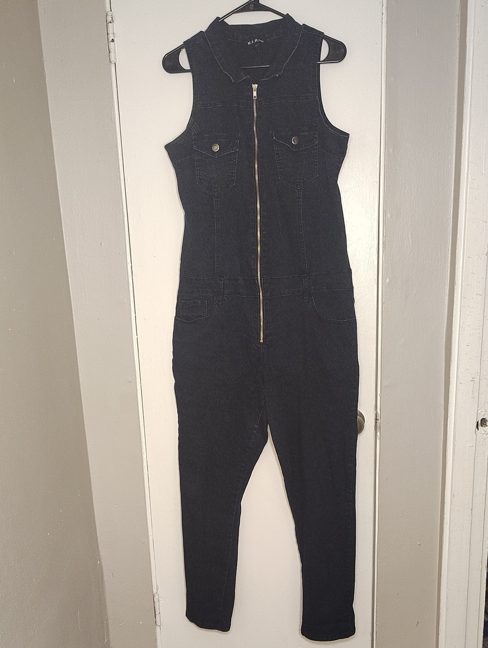 VIP Jeans Black Sleeveless Zip-Front Denim Jumpsuit Size 17/18